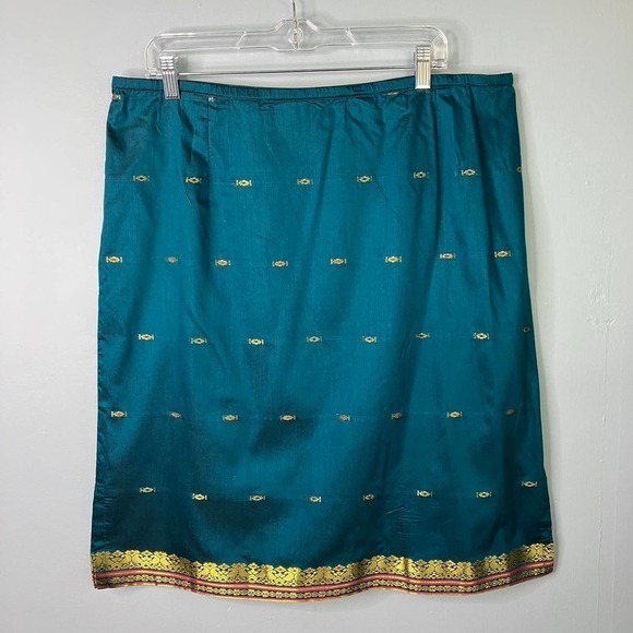 Amanda Smith Peacock Blue Gold Embroidered Trim Straight Lightweight Skirt Sz XL - Picture 14 of 16